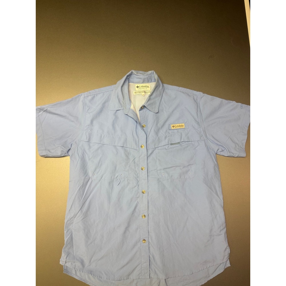 Columbia PFG Fishing Shirt Mens Medium Blue Short Sleeve Nylon UPF 30+ Vent
